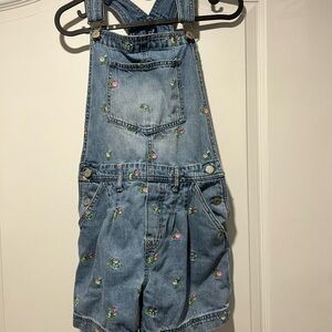 GAP Kids XXL Denim Floral Embroidered Short Overalls